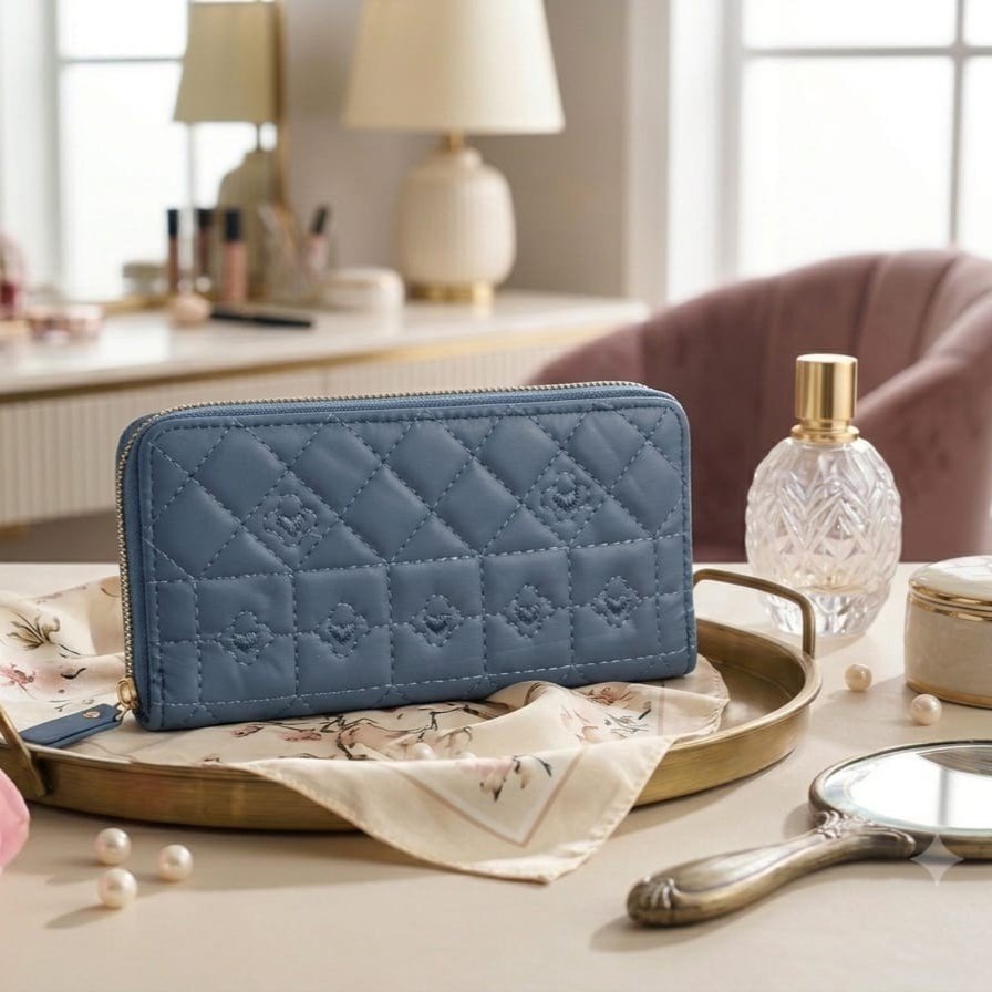 Luxury Dusty Blue Quilted Zip Around Wallet for Women - PU Leather Long Wallet with Multiple Card Slots